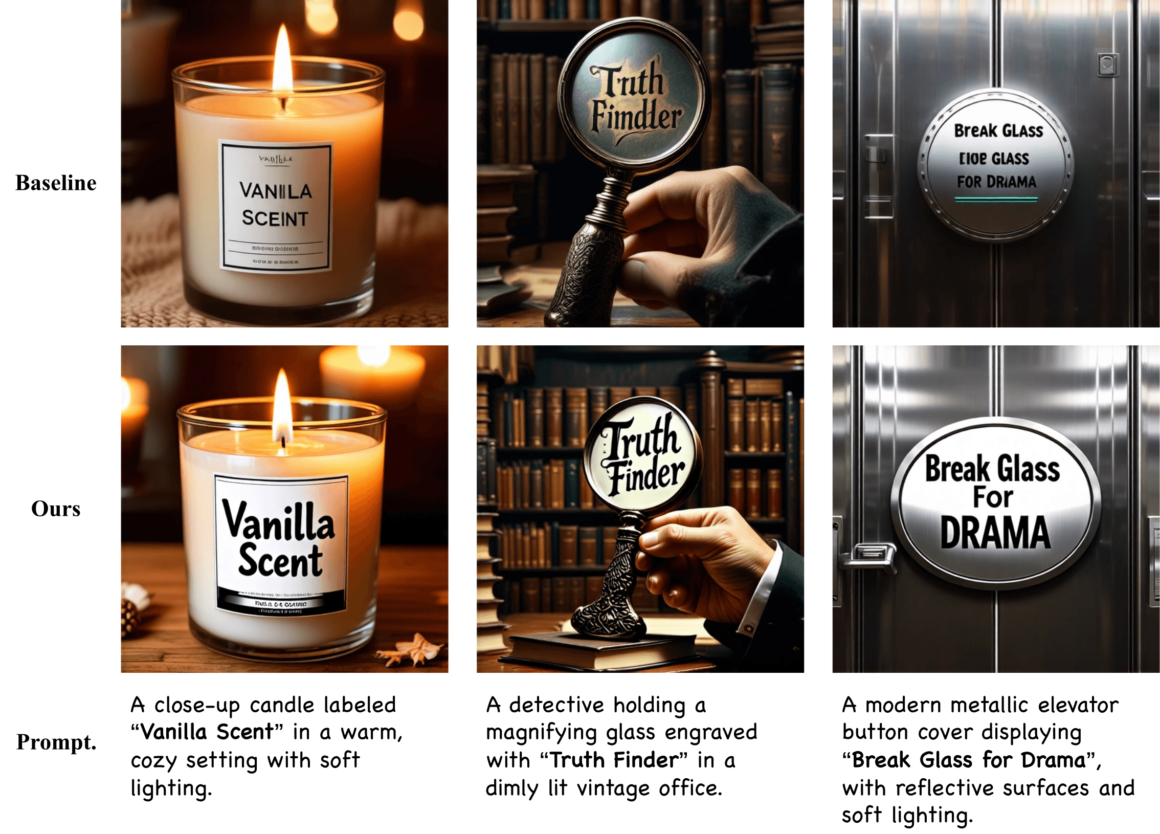 Comparison of baseline and Ry-DMD four-step SD3.5-M generations: candle, magnifying glass, and elevator sign with clearer text after Ry-DMD